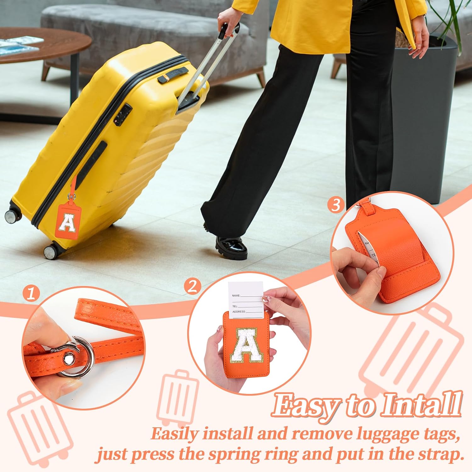 Initial Luggage Tag A for Suitcases TSA Approved, PU Leather Personalized Letter Luggage Tags with Privacy Cover Name Card, Orange Cute Monogrammed Travel Backpack Tags for Women Kids(1 PACK Letter A) image 3