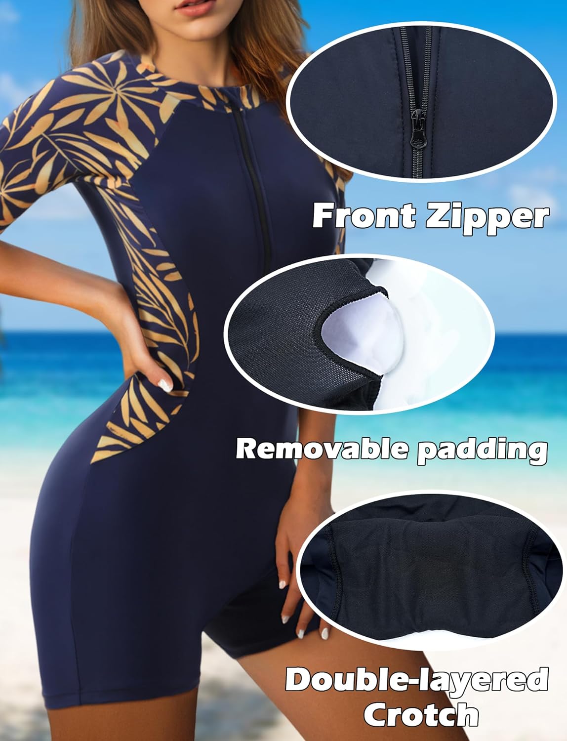 SEAUE Women's Short Sleeve Rash Guard One Piece Bathing Suit with Skirt Zip Front Swimwear UPF 50+
