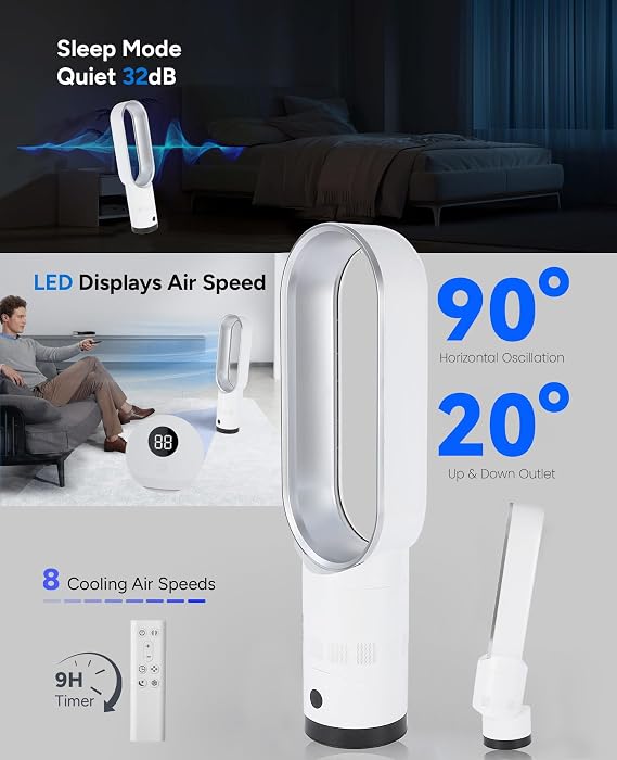 Bladeless Tower Fan with Air Purifier, 65cm Quiet Tower Fan for Bedroom, Fans & Cooling, 80° Oscillation with Remote, 120Min Timer, Bladeless Fans for Bedroom Home Office (B-gold)