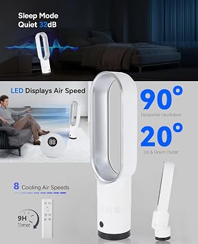 Bladeless Tower Fan with Air Purifier, 65cm Quiet Tower Fan for Bedroom, Fans & Cooling, 80° Oscillation with Remote, 120Min Timer, Bladeless Fans for Bedroom Home Office (B-gold)