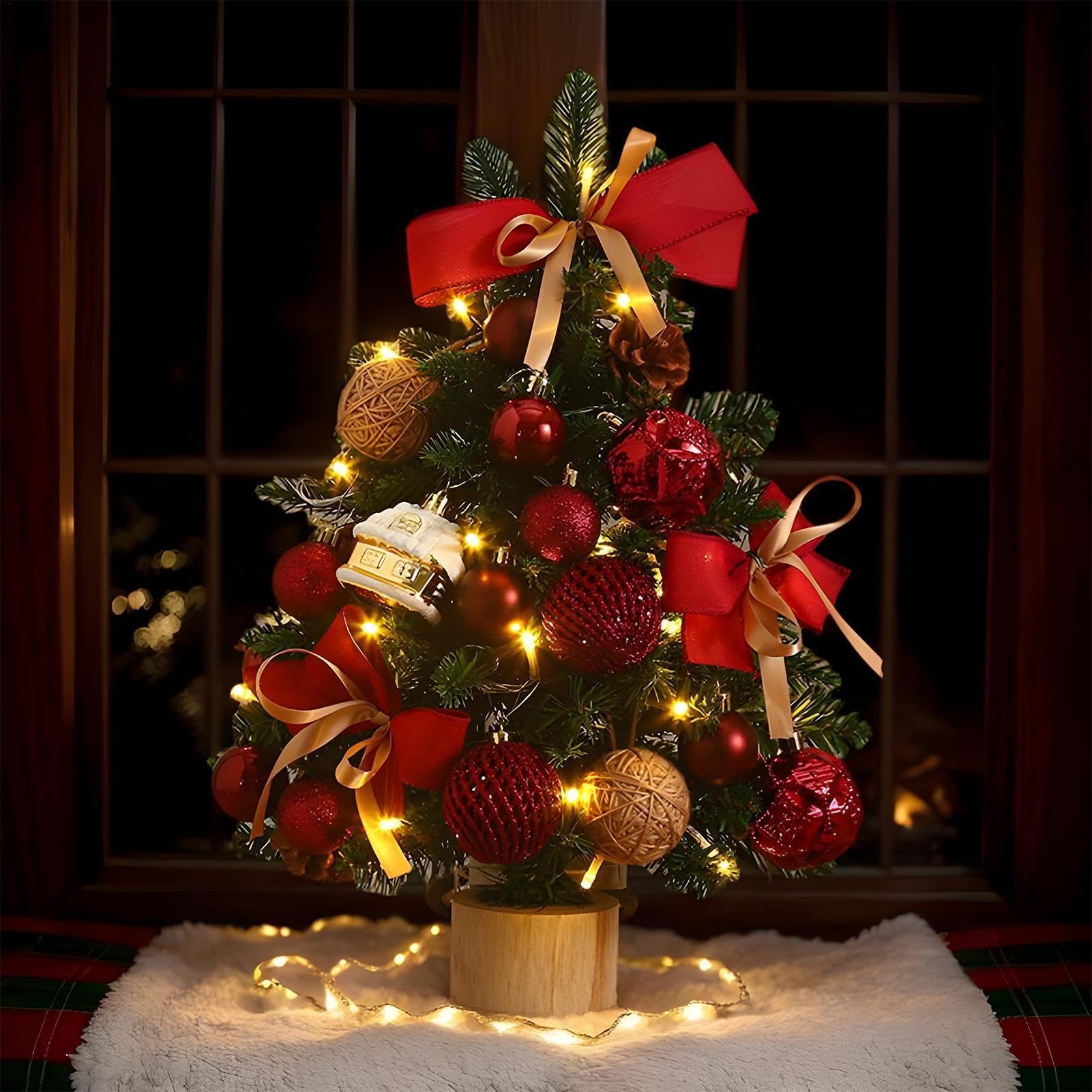 Vorbeleuchteter LED-Weihnachtsbaum mit Ornamenten – für Zuhause, Schlafzimmer, Wohnzimmer und kleine Räume, Dekoration für den Urlaub