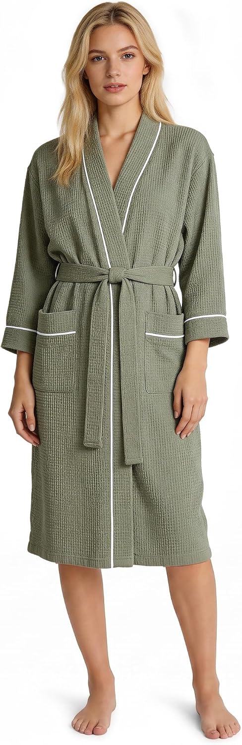 Inner Wish Women's Cotton Waffle Kimono Robe, Lightweight Quick Dry Spa Shower Robe with Pockets