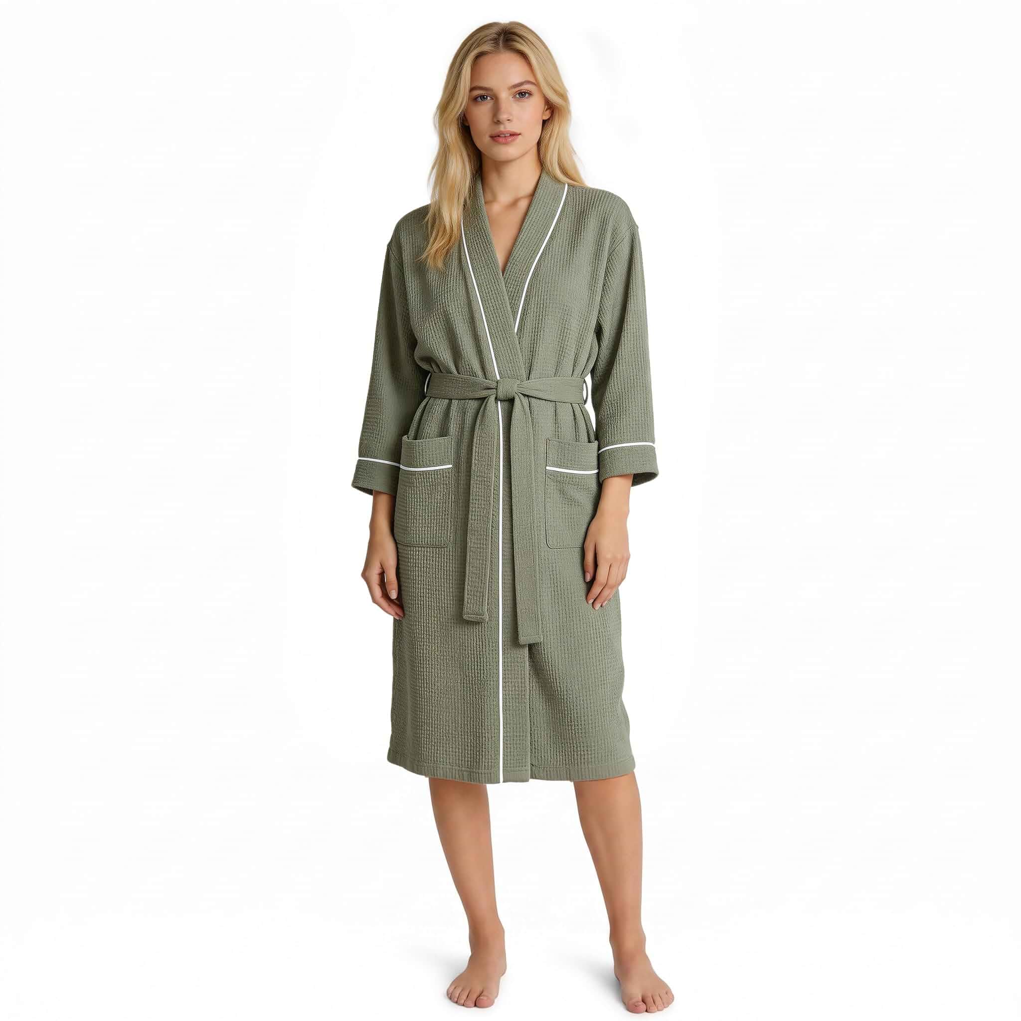 Inner Wish Women's Cotton Waffle Kimono Robe, Lightweight Quick Dry Spa Shower Robe with Pockets