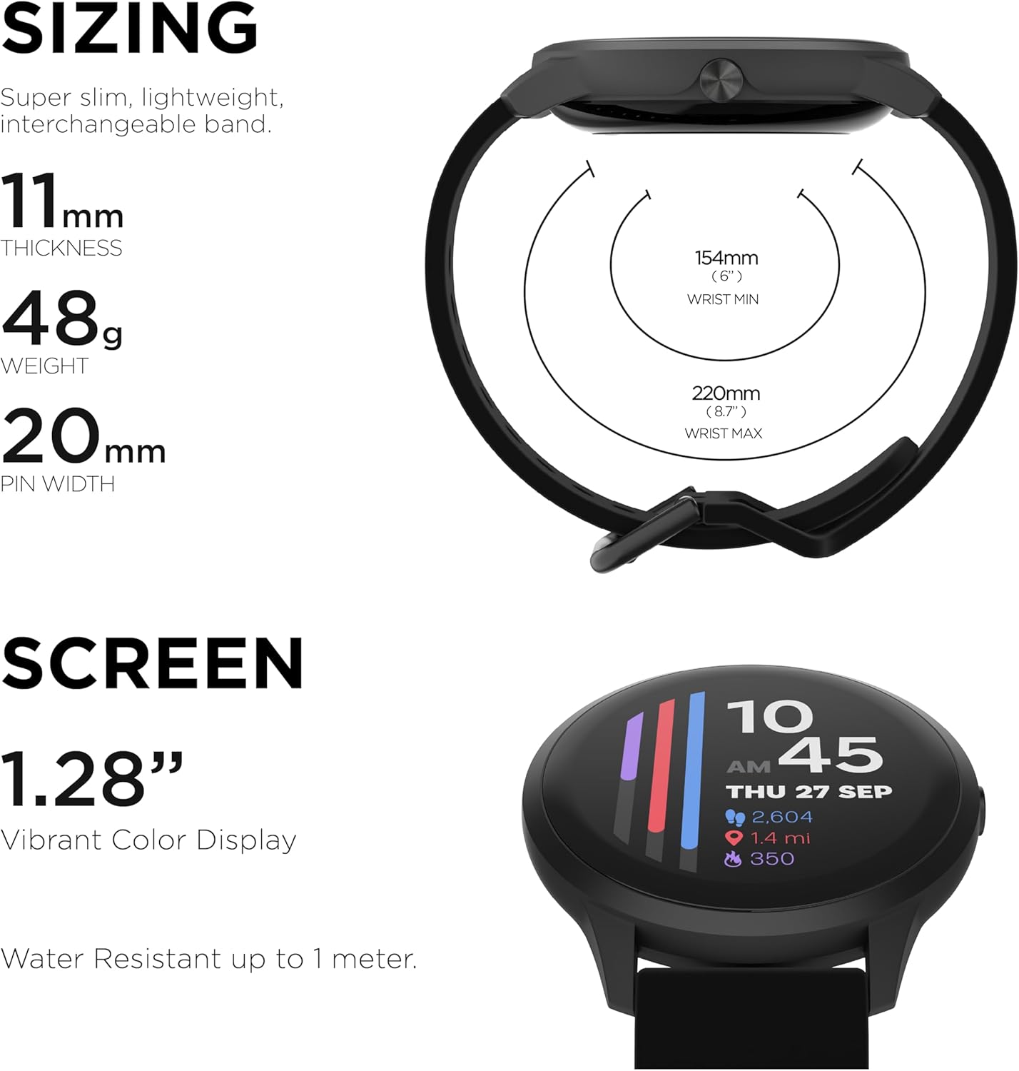 Diagram showing the dimensions and weight of the iTouch Sport 4 Smartwatch, including its 11mm thickness, 48g weight, and 20mm pin width.
