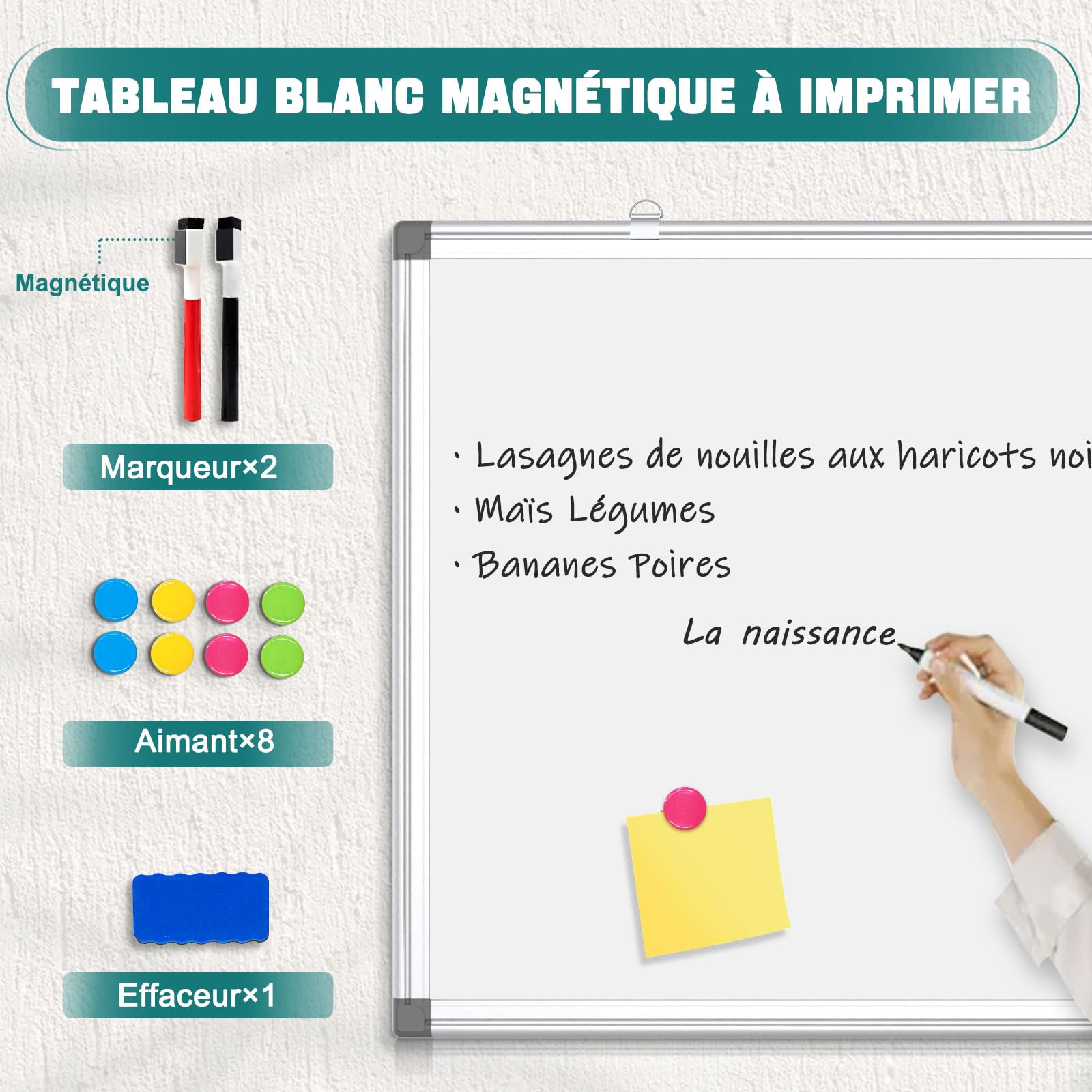 Le Tableau Blanc Magnétique, 80x100cm Le Tableau Effacable Mural avec Cadre Aluminium, Plateaux et Crochets
