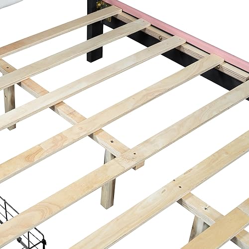 Miniatura 25 de Moderna base de cama de madera maciza de tamaño matrimonial para niños con cabecera en forma de corona, marco de cama tapizado de princesa con luces