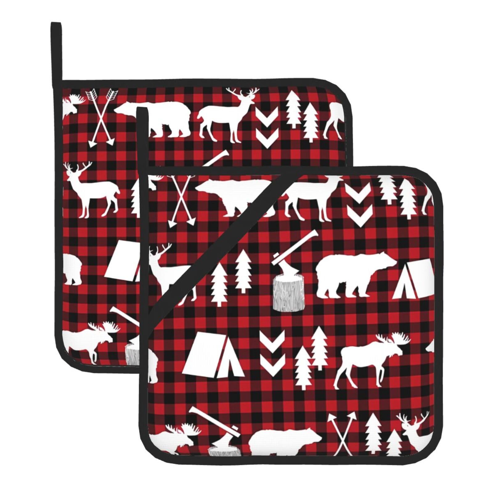 WHJSSF Cow deer tree christmas Prints Square Pot Holders - Heat Resistant Kitchen Trivets 2-Pack - Waterproof Covers for Hot Dishes, Oven & Grill with Hanging Loop