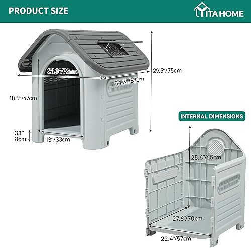 Miniatura 16 de YITAHOME Dog House Outdoor Plastic Doghouse Water Resistant Pet House with Adjustable Skylight and Elevated Base for Small, Medium, and Large Dogs