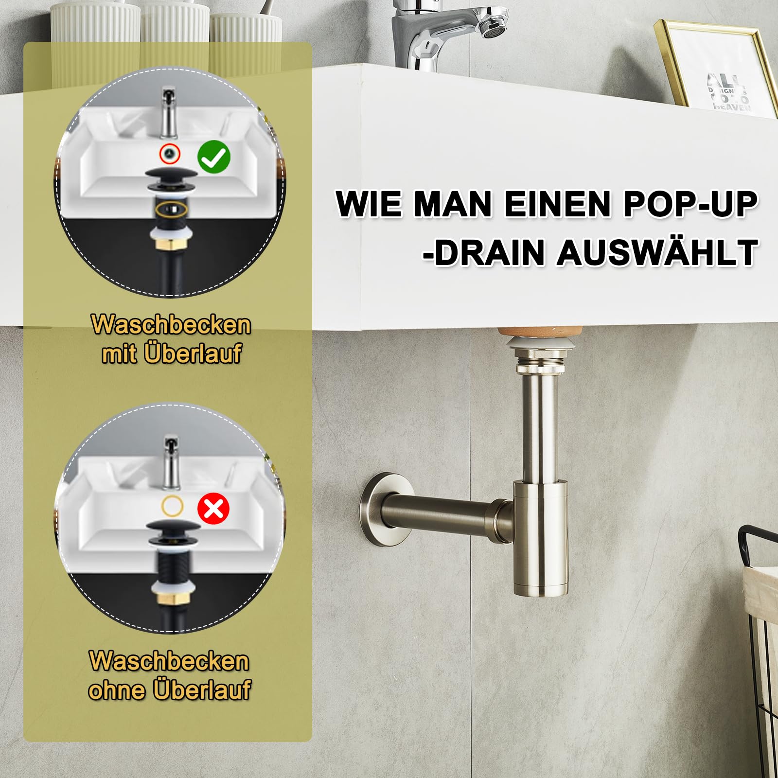 Sifón de diseño con desagüe sin rebosadero para lavabo, sifón universal para lavabo de baño, sifón de latón, sifón pop up, desagüe de lavabo, níquel cepillado