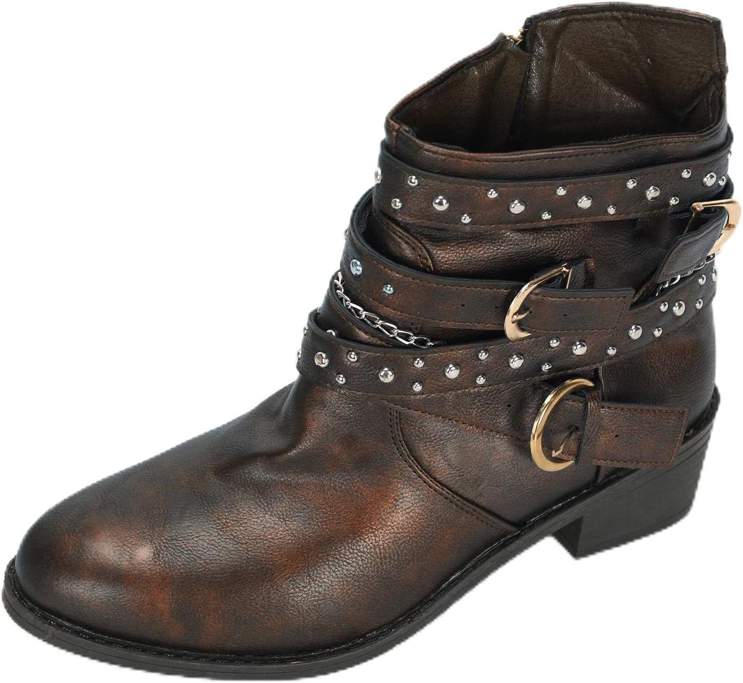 Womens Ankle Boot Fashion Studded Leather Block Heel Strap Trim Punk Boots Winter Side Zipper Short Booties