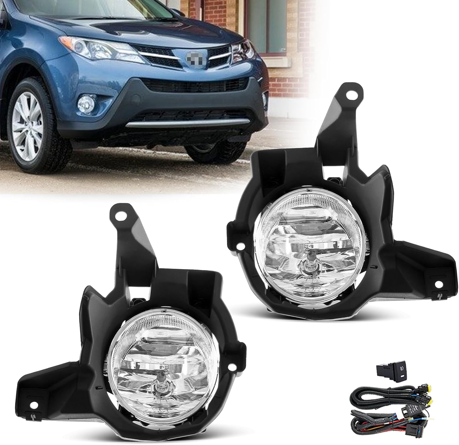 Fog Lights Assembly for 2013 2014 2015 Toyota Rav4 Replacement Kit with Wiring and Switch H16 12V 19W Halogen Bulbs(Clear Lens)