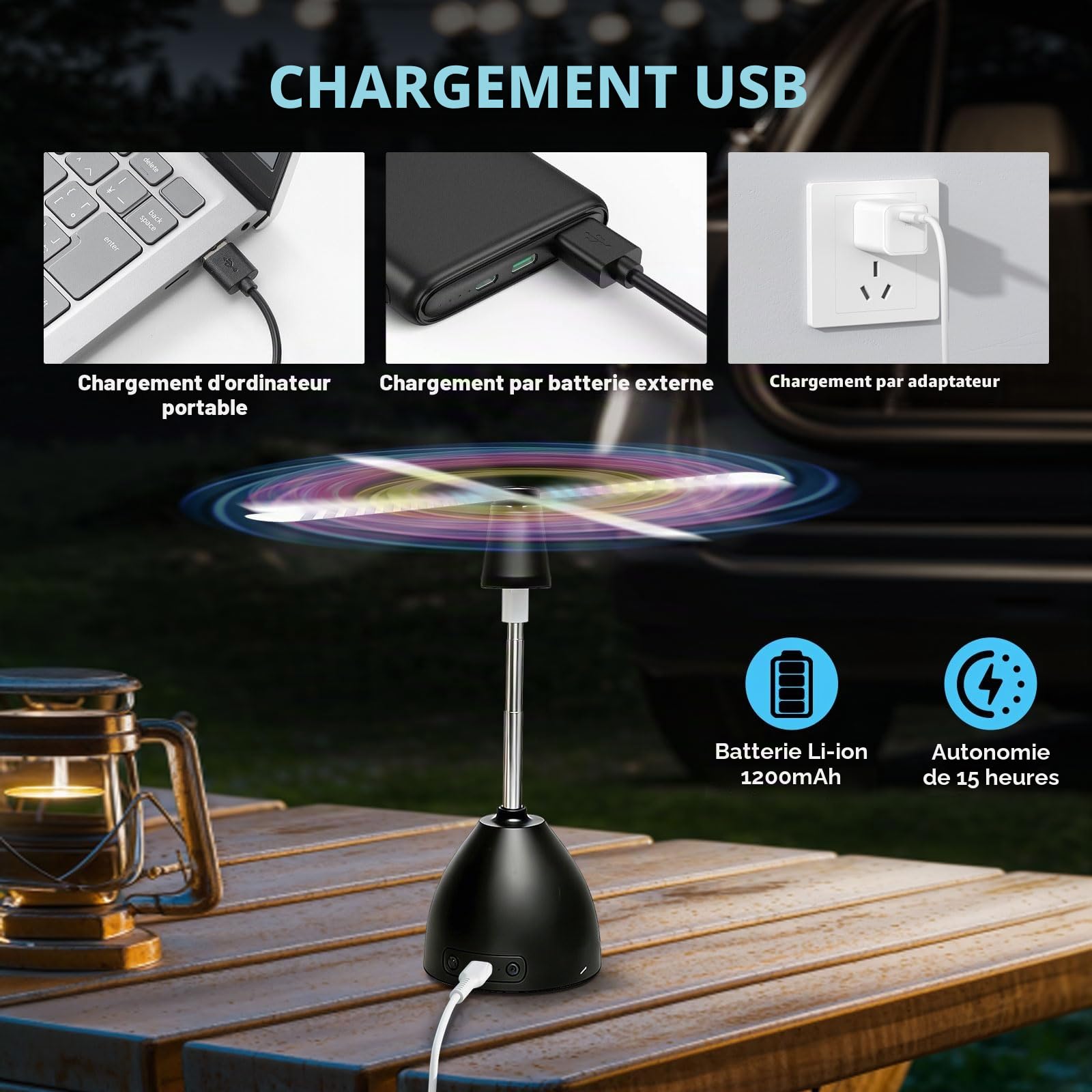 Lot de 4 ventilateurs anti-mouches pour table avec lumière LED – Ventilateurs répulsifs USB rétractables, dotés de pales holographiques souples – Idéal pour la maison, les restaurants, les fêtes, les