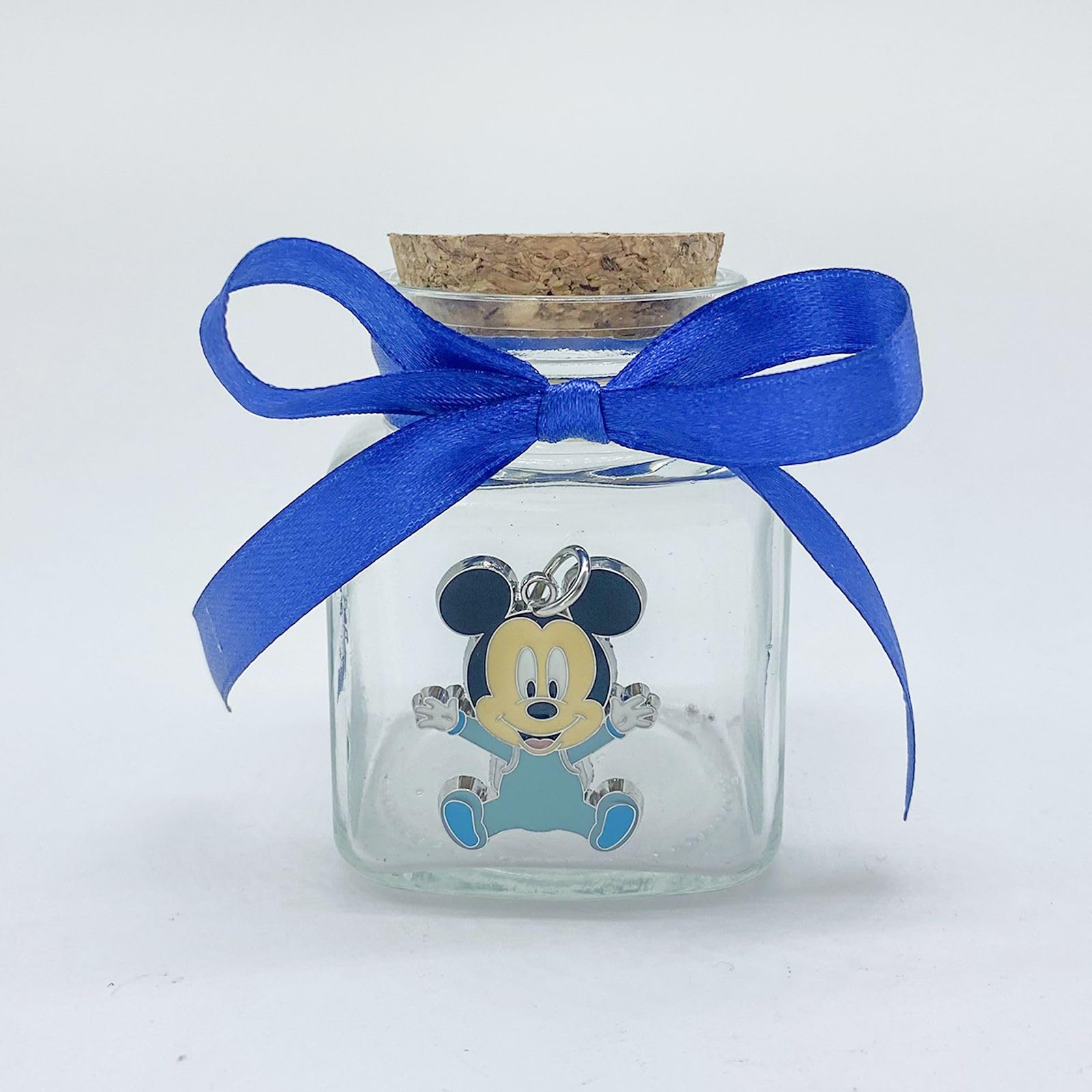 Doni Bomboniere 10 Vasetti in Vetro portaconfetti con Applicazione Disney di Topolino. Bomboniere Utilizzabile per Compleanni, Battesimi, confettate Nascita per Un Bimbo. Fiocco a Scelta.