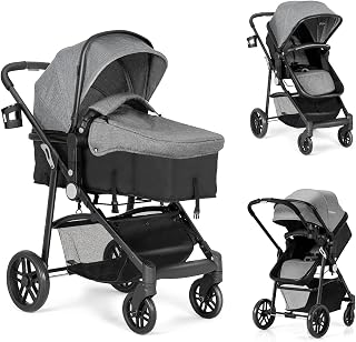 BABYJOY 2-in-1 Convertible Baby Stroller Bassinet with Reversible Seat, Foot Cover, Cup Holder, 5-Point Harness, Large Storage - Gray