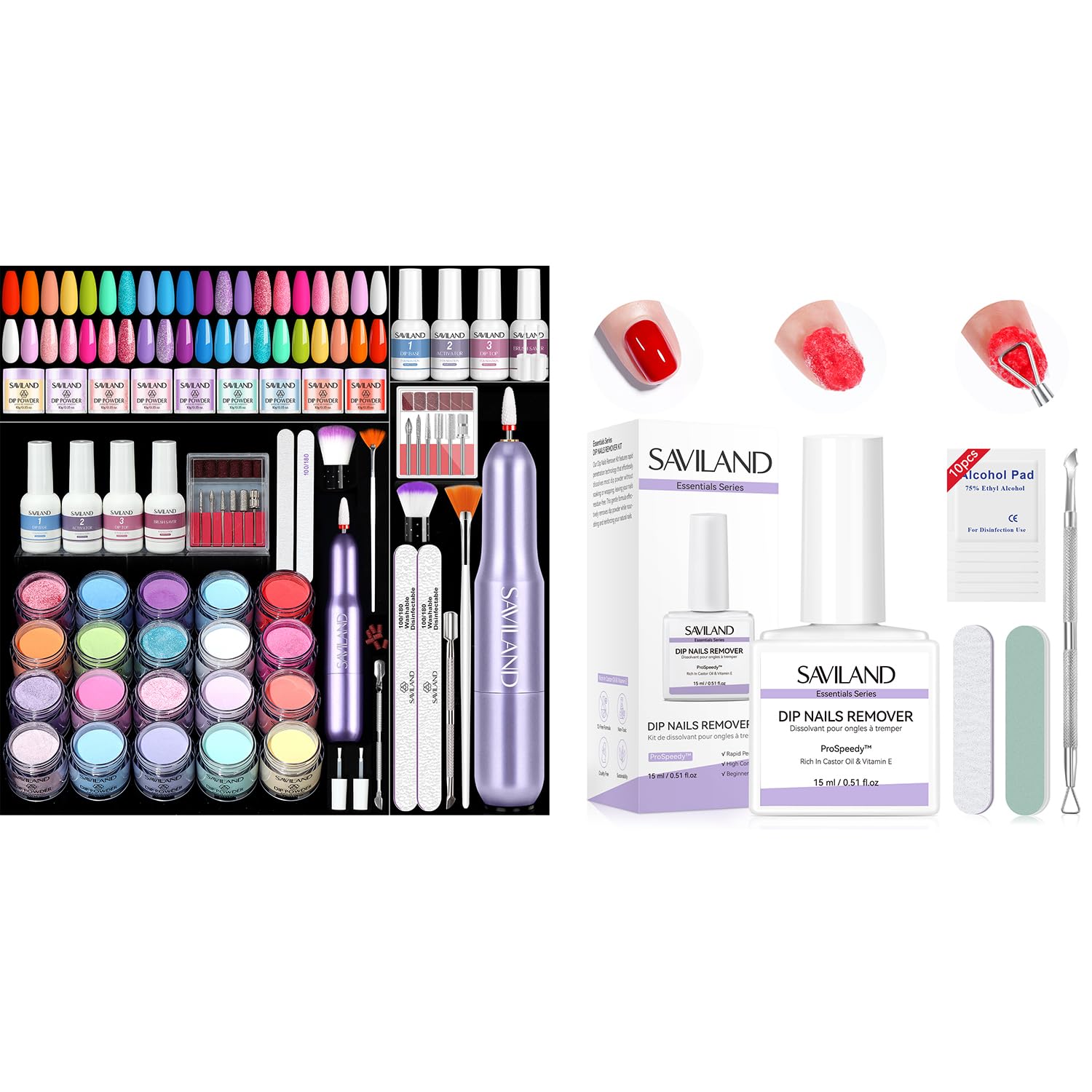 SAVILAND Dip Powder Nail Kit with Drill 20 Colors Summer Spring & Essentials Dip Powder Remover Kit 1Pcs 15ml