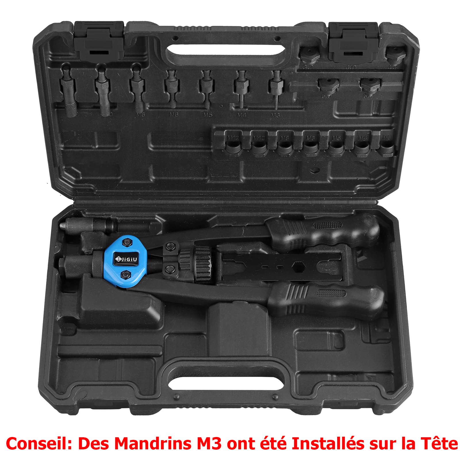 JiGiU 2 EN 1 Riveteuse Manuelle et Pince à Insert Fileté Professionnel Bleu | Pistolet à Écrou avec 110 Écrous, 7 Mandrins M3 à M12, Pince à Rivets avec 50 Rivets, 5 Embouts 2.4 à 6.4mm, pour Bricolage