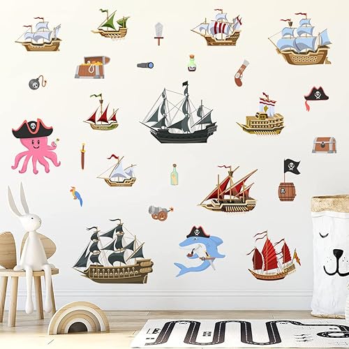 Miniatura 5 de Calcomanías de pared extraíbles de barco pirata, calcomanías de madera para barco, velero, divertido, océano, pulpo, tiburón, impermeable, despegar