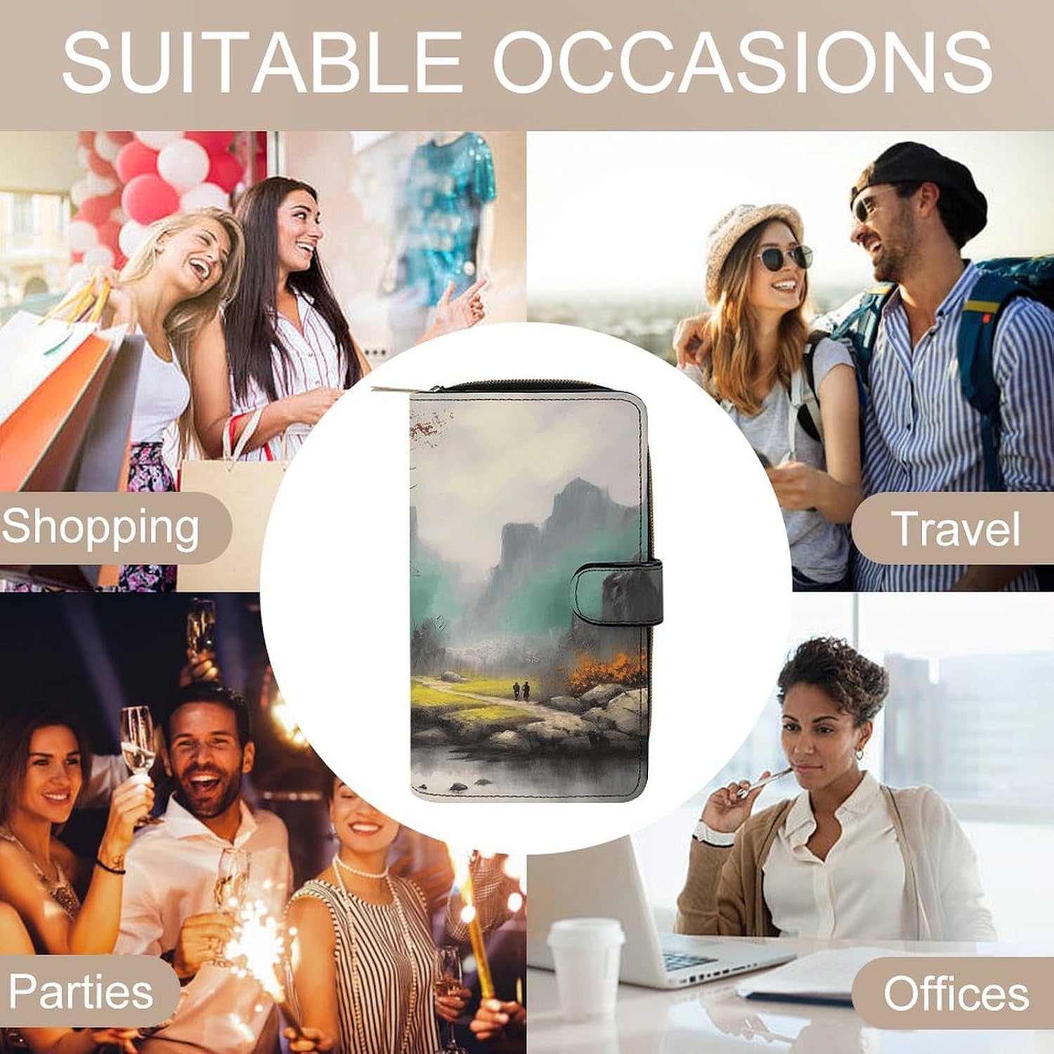 PU Leather Wallet, Landscape Painting Print Wallet with Multiple Slots Elegant Wallet Business Wallet Travel Wallet Bifold Wallet