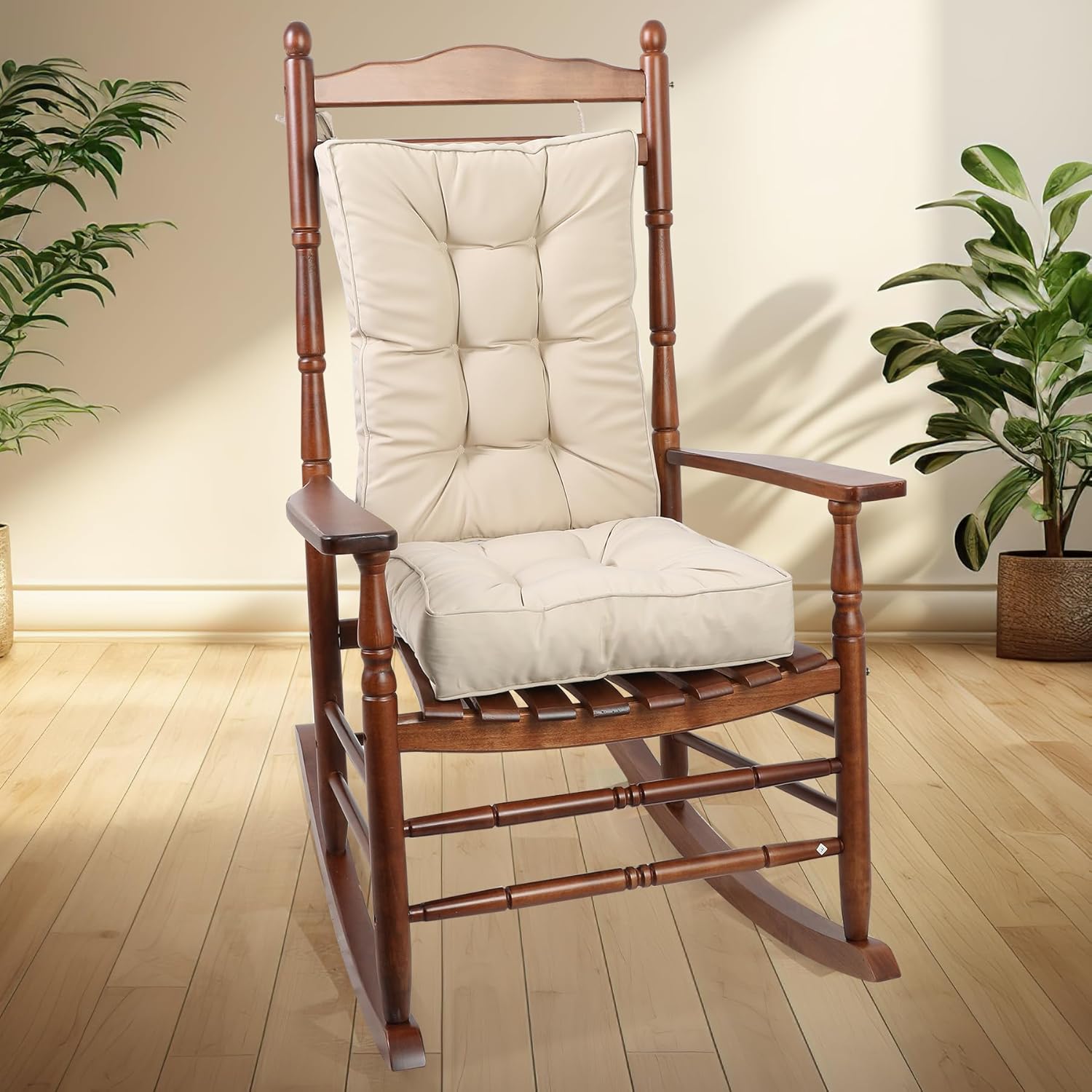 RACE LEAF Rocking Chair Cushion High Back, Non-Slip Patio Chair Cushions Set of Seat & Back Cushion with Ties for Indoor/Outdoor Rocker, Rocking Chair Pads with Memory Foam, Beige Beige 21" X 17" + 17" X 17"