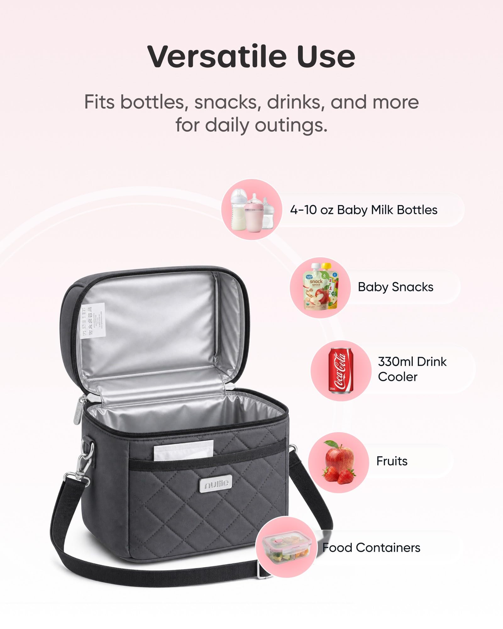 Nuliie Muttermilch Kühltasche mit Eisbeutel passend für 6 Babyflaschen Grau