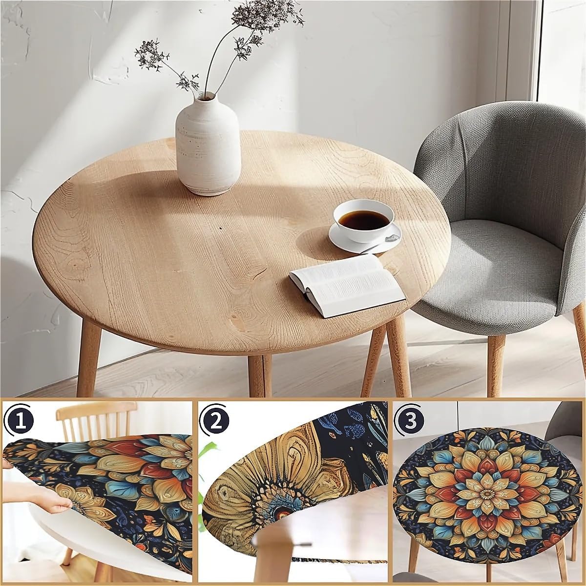 Elastic Tablecloth for Round Tables, Waterproof Tablecover for Up to 37"-44" Round Table, Dining Tablecover for Indoor and Outdoor, Holiday, Boho