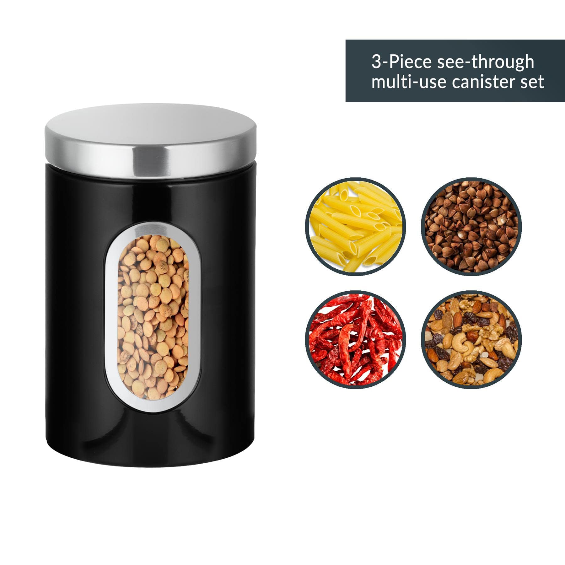 3 pezzi di cereali grossolani da cucina, tè, zucchero, barattoli per conservare freschi chicchi di caffè, barattoli sigillati in acciaio inox, kit nero