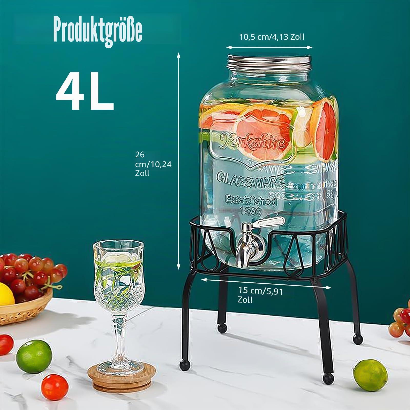 4L Getränkespender aus Glas mit Zapfhahn, Deckel und Metallständer, Wasserspender für Limonade, Saft, Eistee, Cocktails und kalte Getränke, für Party, Buffet und Küche