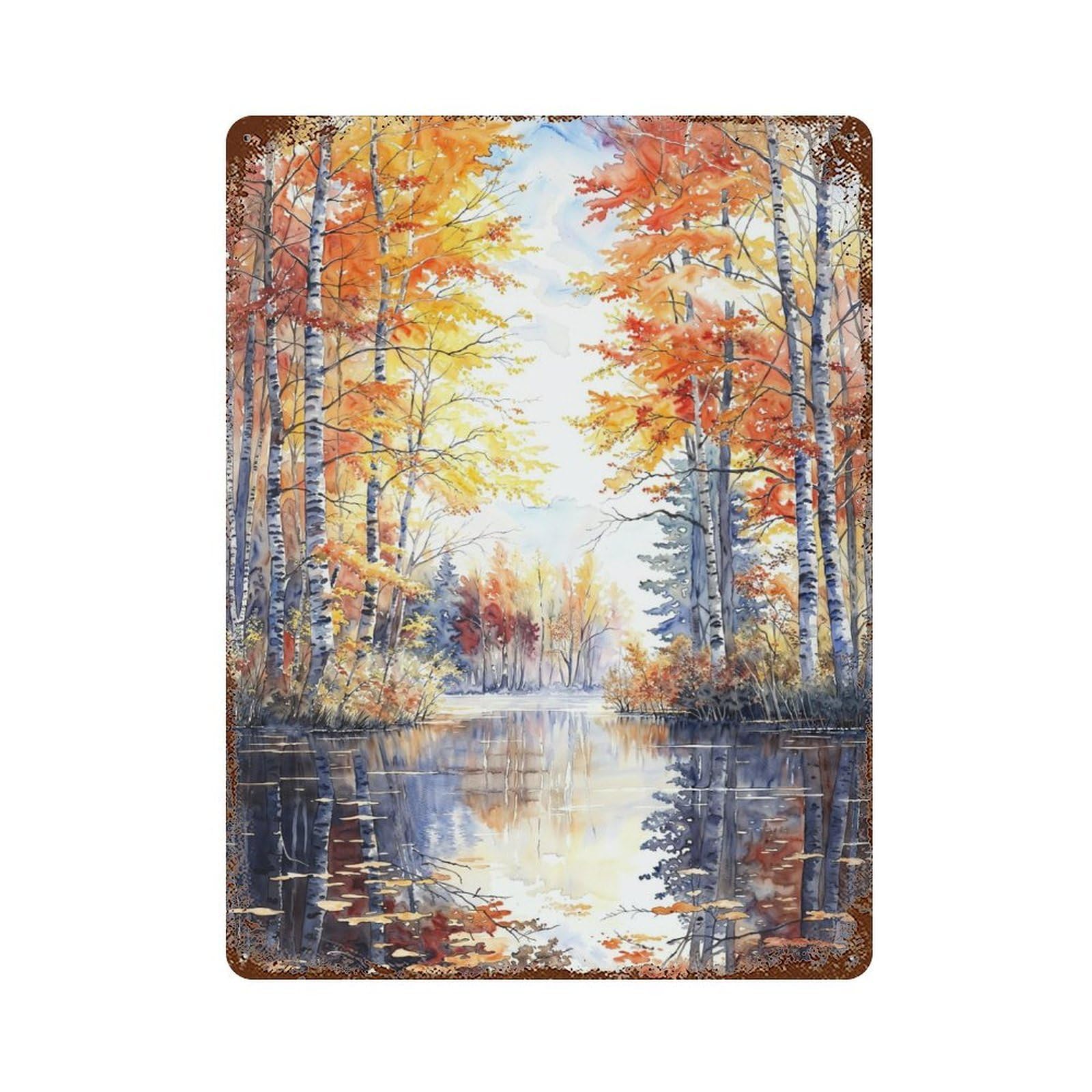 Autumn Lakeside Birches Rusty Metal Tin Sign 15.7"x11.8", Ideal for Farmhouse, Kitchen And Entryway Decor