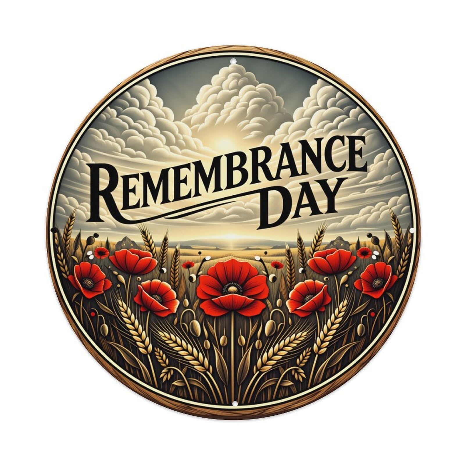 Poppy Field Sky Clouds Remembrance Round Tin Sign Vintage Style Metal Sign Home Bar Garden Wall Plaque Decor Metal Poster 8x8 Inch