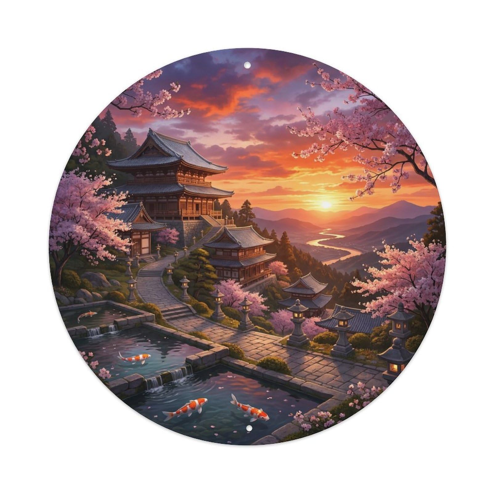 Tgrcjimh Style Metal Tin Sign Japanese Koi Fish Hillside Valley Temple Sunset