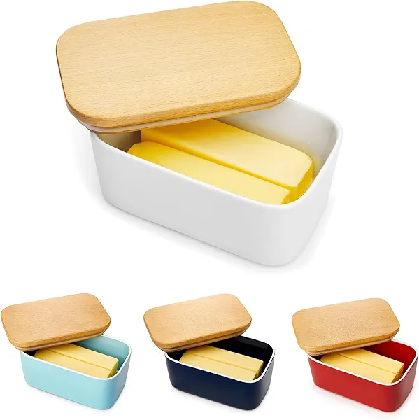 Sweese Large Butter Dish - Airtight Butter Keeper Holds Up to 2 Sticks of Butter - Porcelain Container with Beech Wooden Lid, White