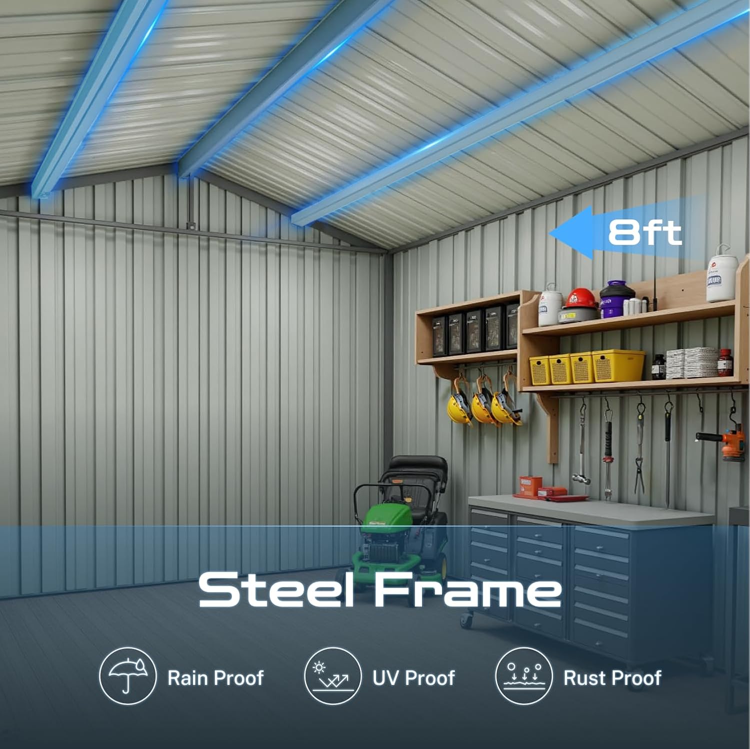 Interior view of the shed showing steel frame and durability features