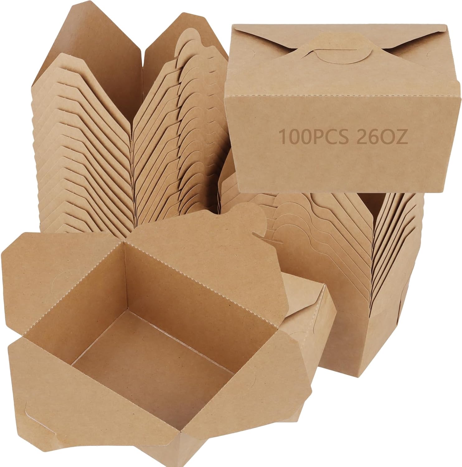 MOUYAT 100 Pack 26oz Chinese Takeout Containers, Leakproof and Microwaveable Brown Kraft Paper To Go Food Boxes for Restaurant Party