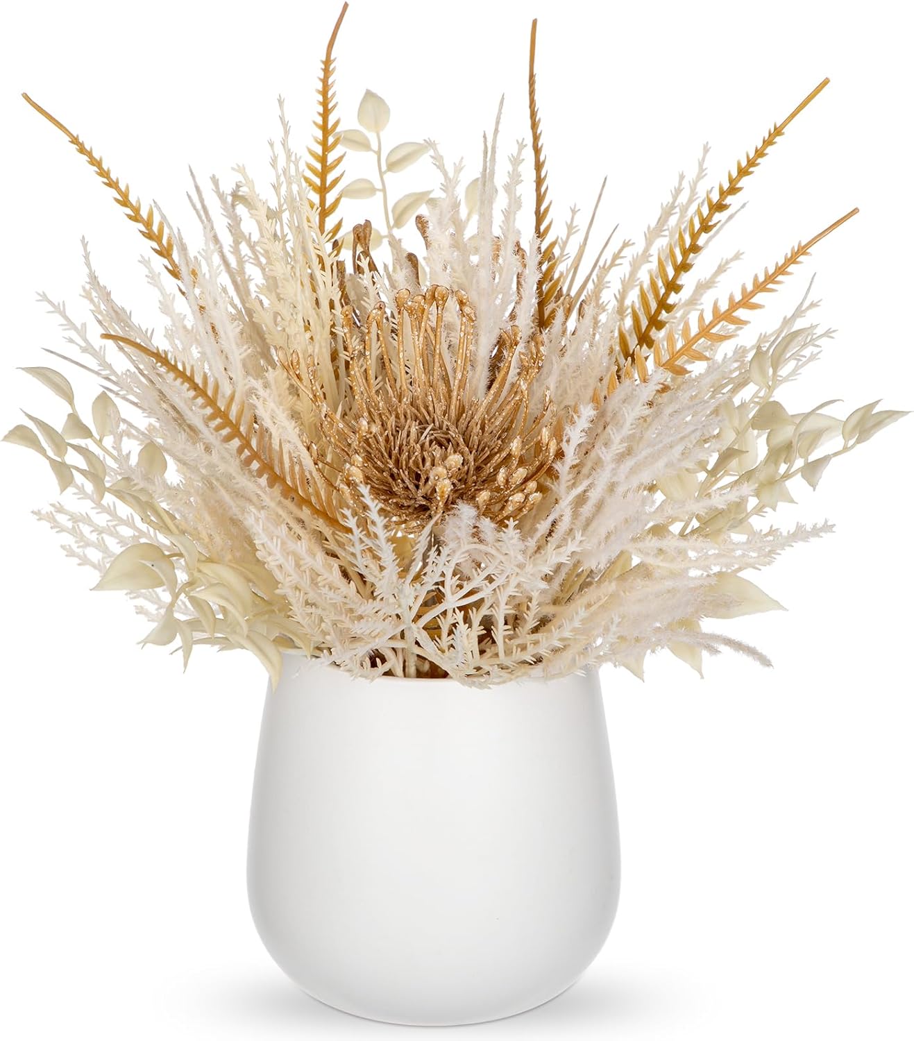 Faux Pampas Grass with Vase, Artificial Pampas Grass Flowers Bouquet Plant Fluffy Boho Home Decor Fake Pompass Pompous Grass Floral Arrangement for Wedding Party Table Room Decorations White