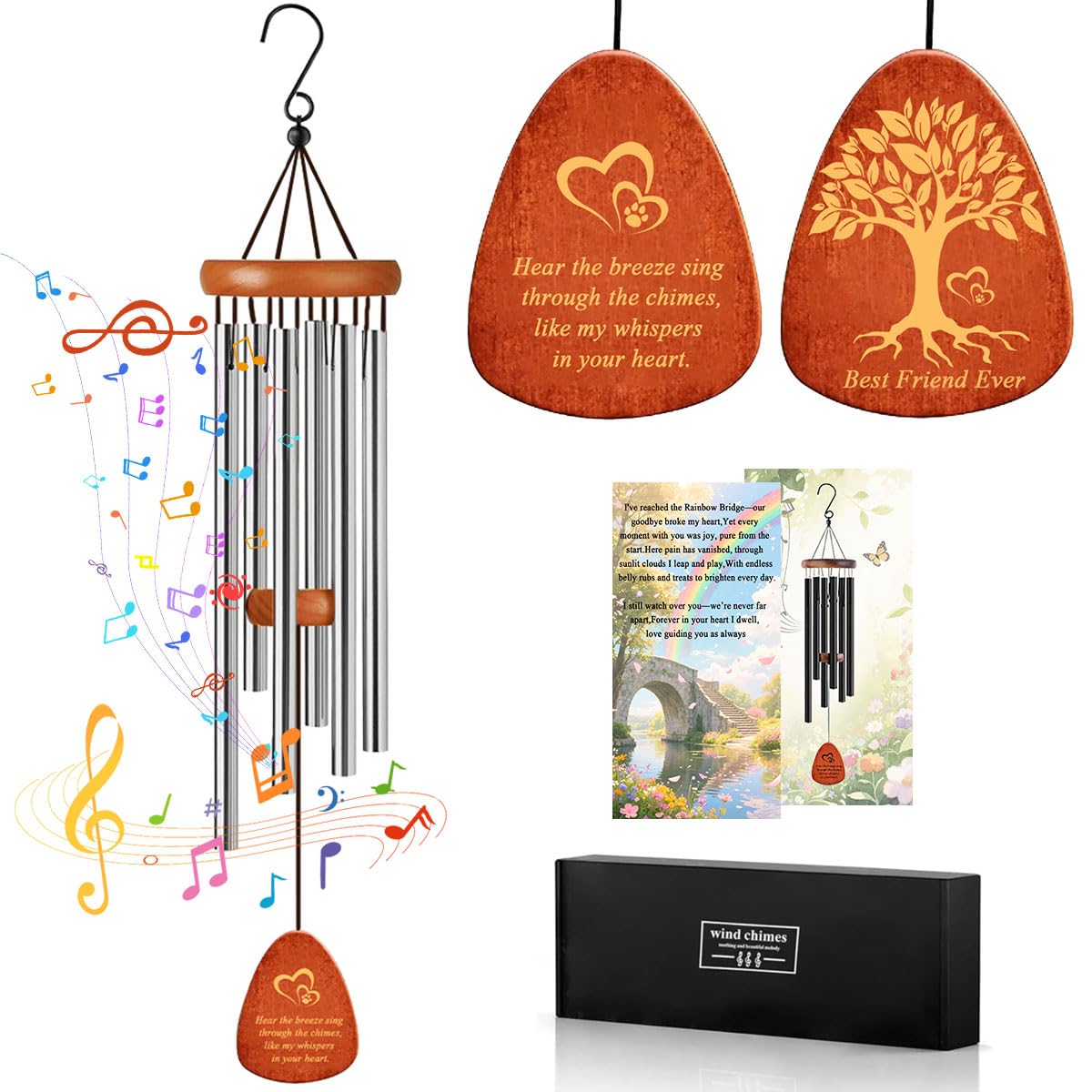 LZXLXS Dog Memorial Gifts Wind Chimes, Pet Loss Sympathy Gift, 25.5'' Dog Cat Passing Away Remembrance Wind Chime with Rainbow Bridge Poem Card, Silver