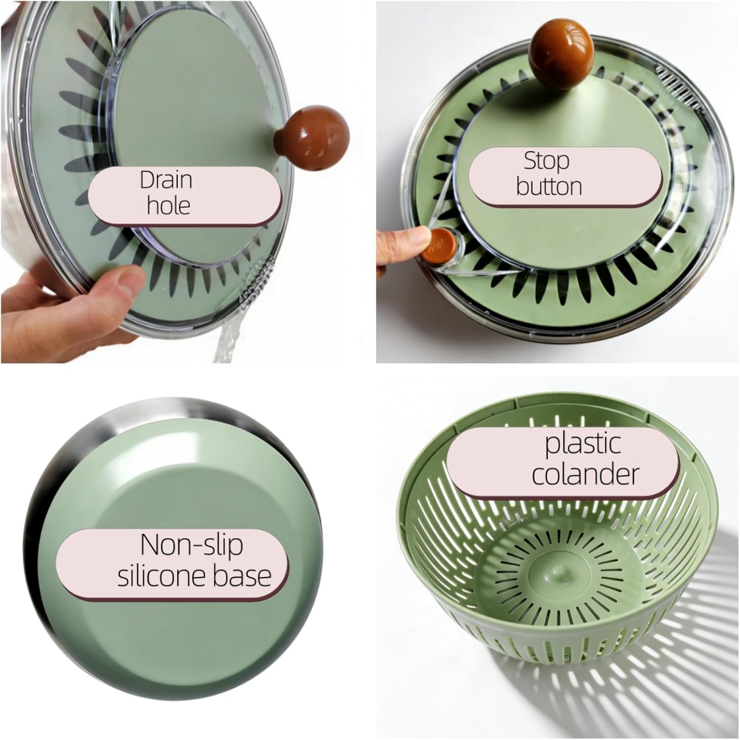 5.3Qt Stainless Steel Salad Spinner with Stop Button, Lid & Non-Slip Base, Salad Spinner Stainless Steel no Plastic, Dishwasher Safe, Vegetable Spinner Dryer with Drain Hole (GREEN)