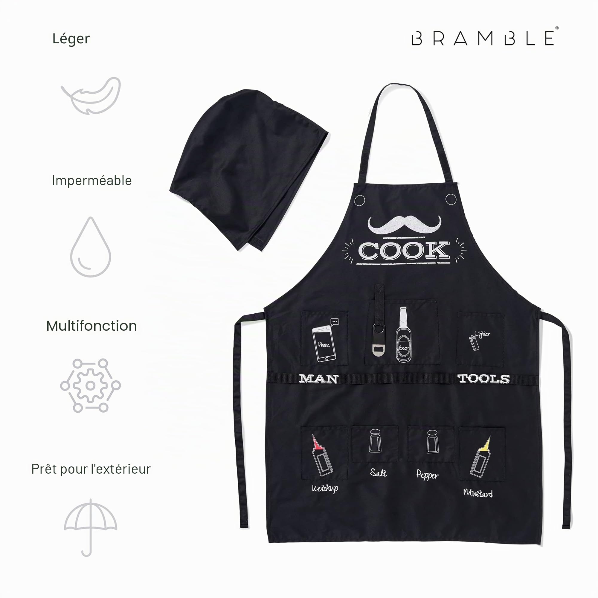 BRAMBLE Tablier BBQ Drôle pour Hommes, Tablier de Barbecue avec Capuche, 7 Poches & Décapsuleur Inclus - Cadeau Original Rigolo pour Noël, Anniversaires, Saint Valentin & Fête des Pères