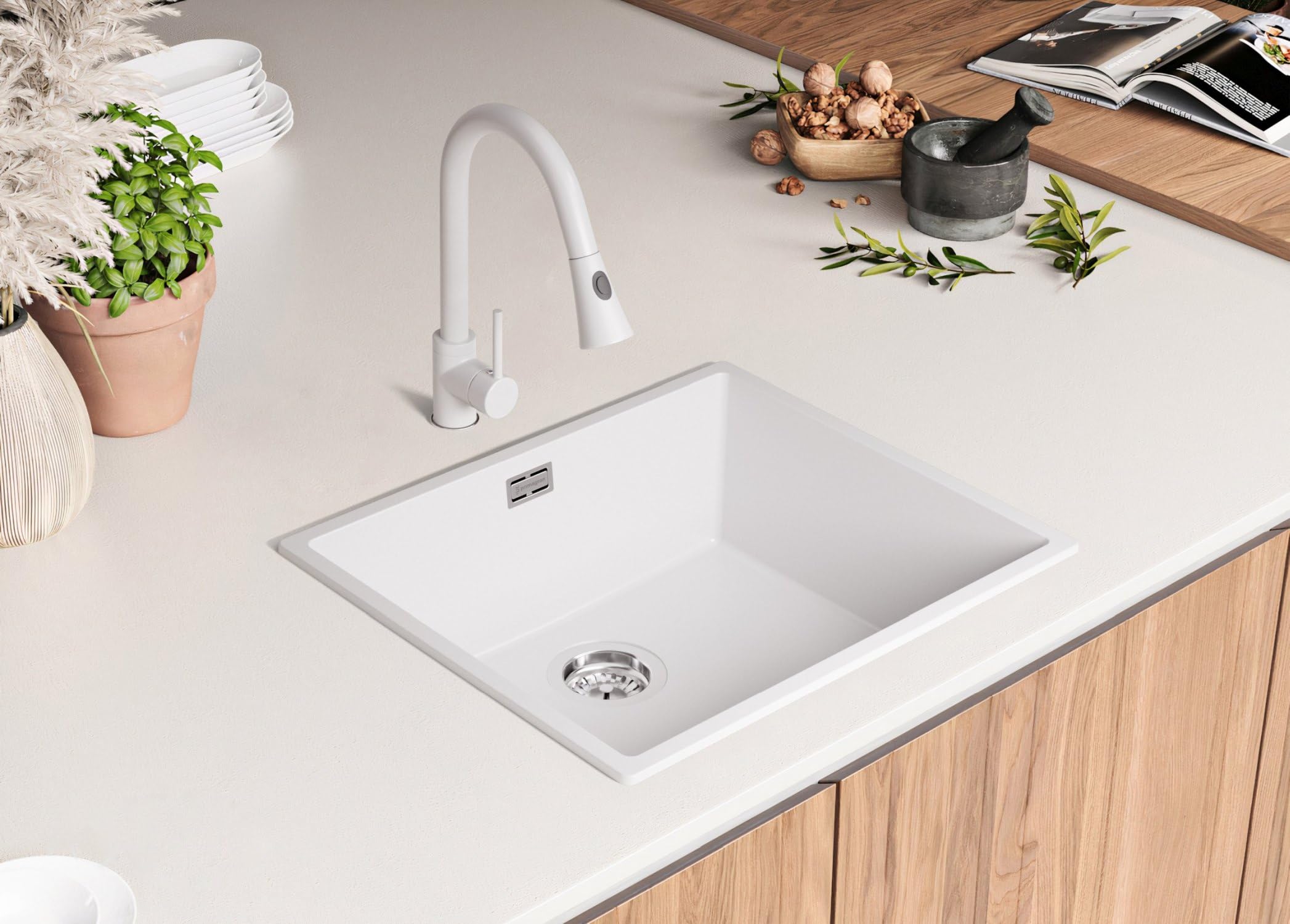 PRIMAGRAN Fregadero Cocina Todo Blanco - London Slim, 56x47cm | Granito 1 Seno + Sifón, sobre Encimera al Mueble 60cm (S304)