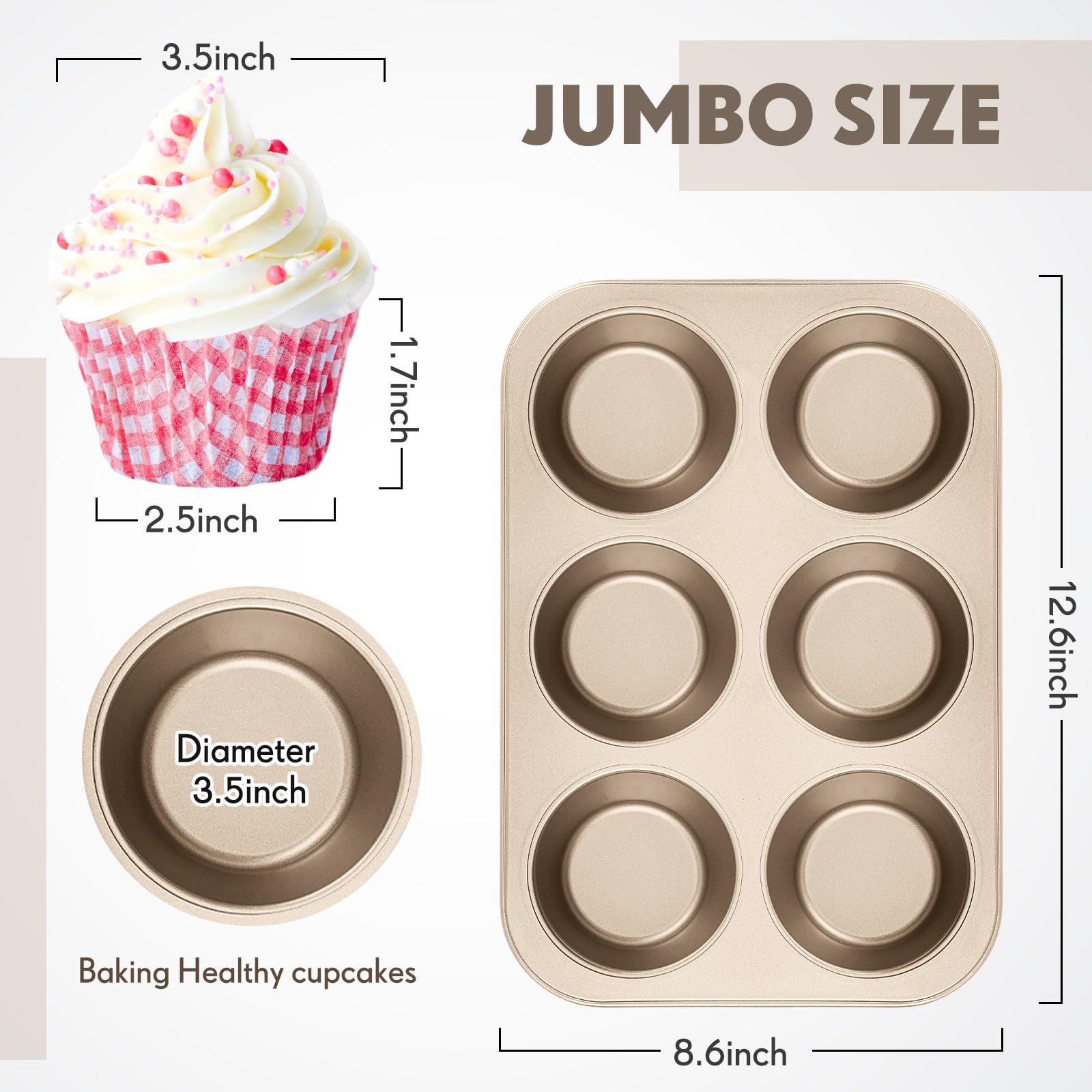 Blushtier 6 moldes antiadherentes para hornear magdalenas doradas, 6 tazas, lata resistente para magdalenas, acero al carbono dorado, bandeja para pasteles para hornear cupcakes, apto para