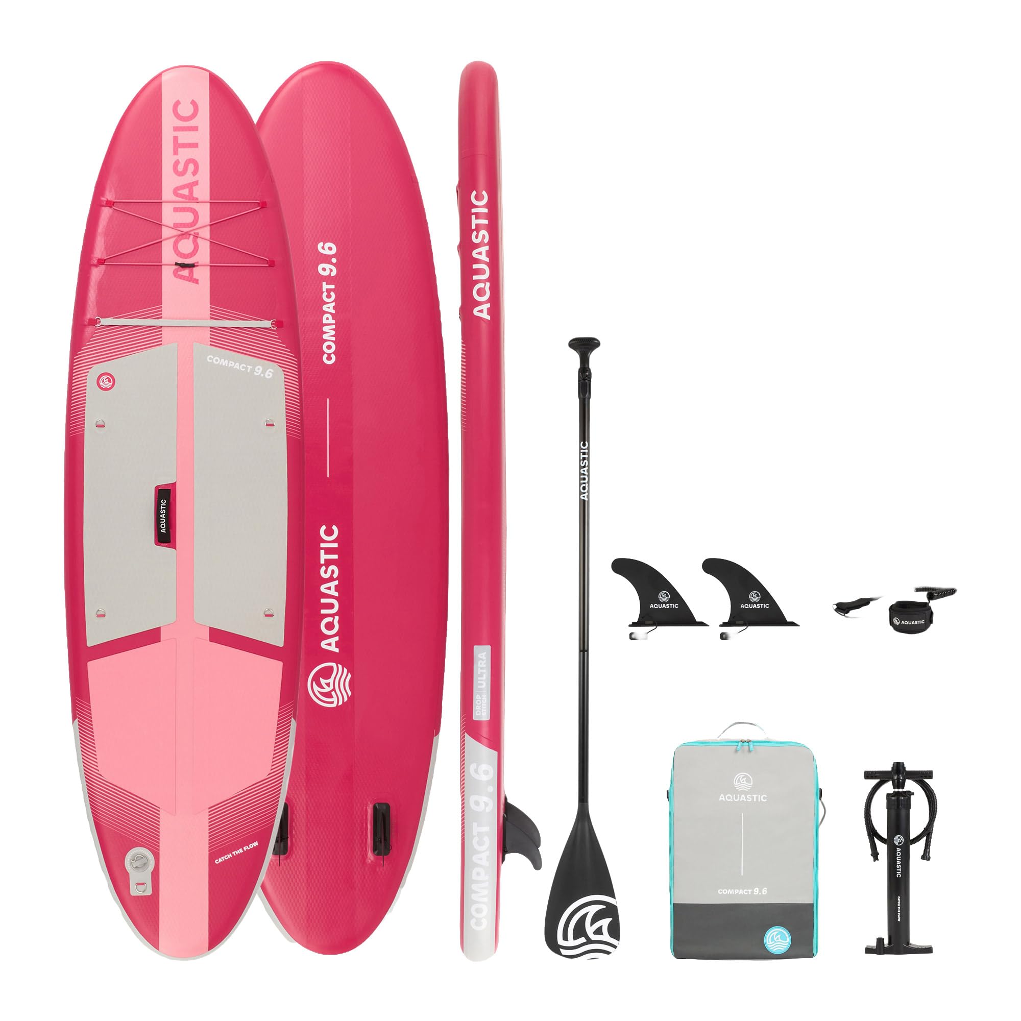 AQUASTIC Compact 220 l - Planche Sup légère/Kayak Drop Stitch Ultra, Stringer, 290 x 79 x 12 cm, déplacement de 220 l, Anneaux en D, Cargo, ballasts, Sac à Dos, Pompe, Leash, Rose