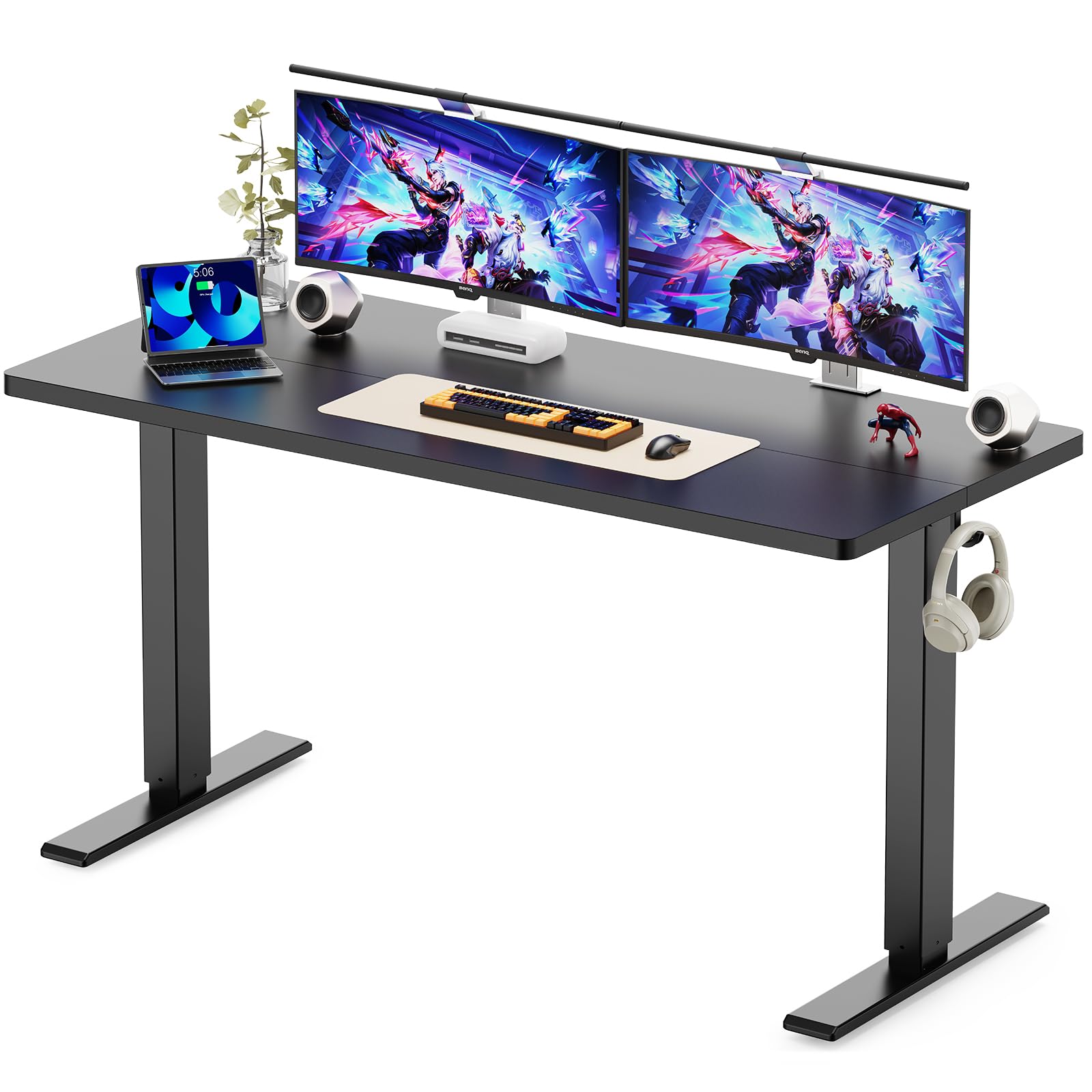 WALKINGDESK Höhenverstellbarer Schreibtisch, Elektrisch 140 x 60 cm Computertisch, Steh-Sitz Tisch Höhenverstellbar mit 4 Memory Funktion, Standing Desk mit 2 Haken, Verbindungsplatte, Schwarz