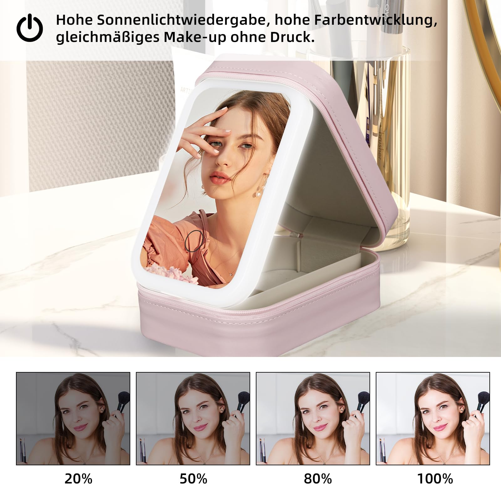 Kosmetyczka z podświetlanym lustrem, torba do makijażu z lustrem - 3 kolory światła LED, podróżna walizka kosmetyczna organizer, przenośna walizka do makijażu z przegródkami, Rosa