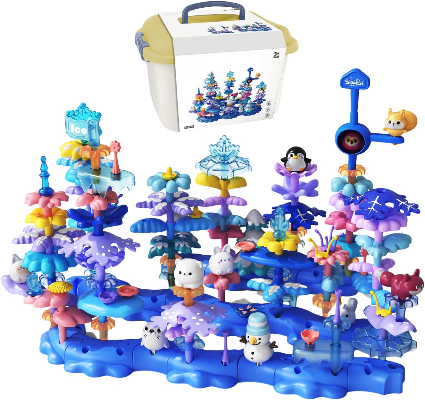 Winter Snowy Forest Animal Flower Garden Building Block Toys Set with Organiser Box for Girls Boys Kids 3 4 5 6 7 8 Year Old DIY Stacking Block Toy STEM Preschool Educational Toddler (Large - 136pcs)