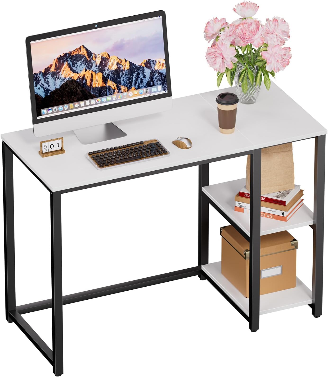 SINPAID 40 Inch Small Computer Desk with Shelves for Small Spaces, Easy Assembly Study Desk, Sturdy Writing Desk for Bedroom & Home Office, Cream White