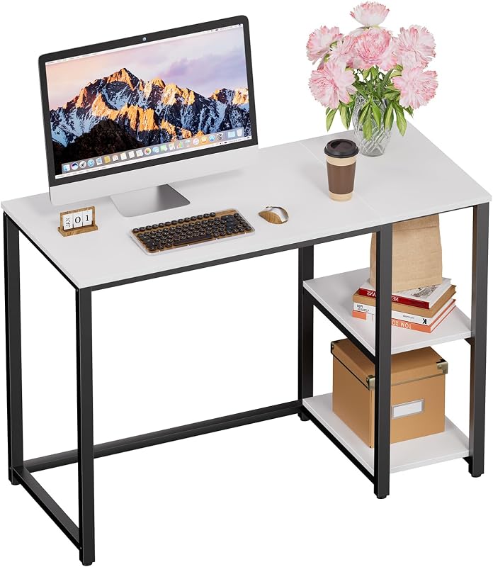 SINPAID Escritorio pequeño para computadora de 40 pulgadas con estantes de estudio para oficina en casa, blanco | Escritorio beige de fácil montaje, escritorio resistente para dormitorio y oficina en casa, blanco crema
