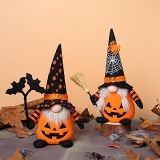 Halloween Plush Gnomes Set of 2, Black Orange Pumpkin Spider Web Swedish Tomte Elf Figurines Tiered Tray Decor