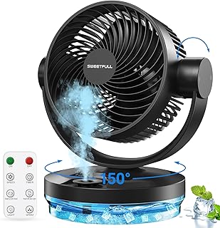 SWEETFULL Air Circulator Fan for Whole Room - 9 Inch Oscillating Bedroom, Remote Control, 150 Degree 90 Oscillating,12H Timer and Colorfull Lights, 3 Speeds Misting Office Desktop Home, Black (X-18)