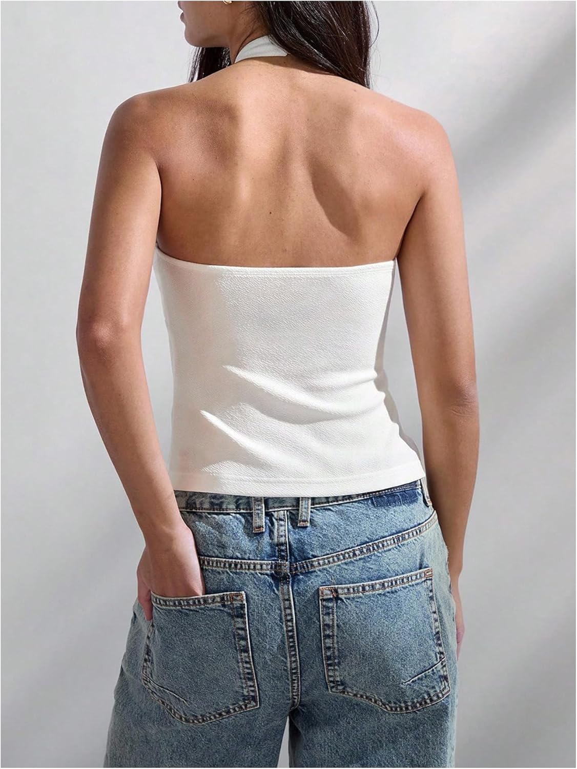 MakeMeChic Women's Halter Tops Criss Cross Backless Cute Going Out Tops Sleeveless Tie Casual Textured Shirt - Image 2