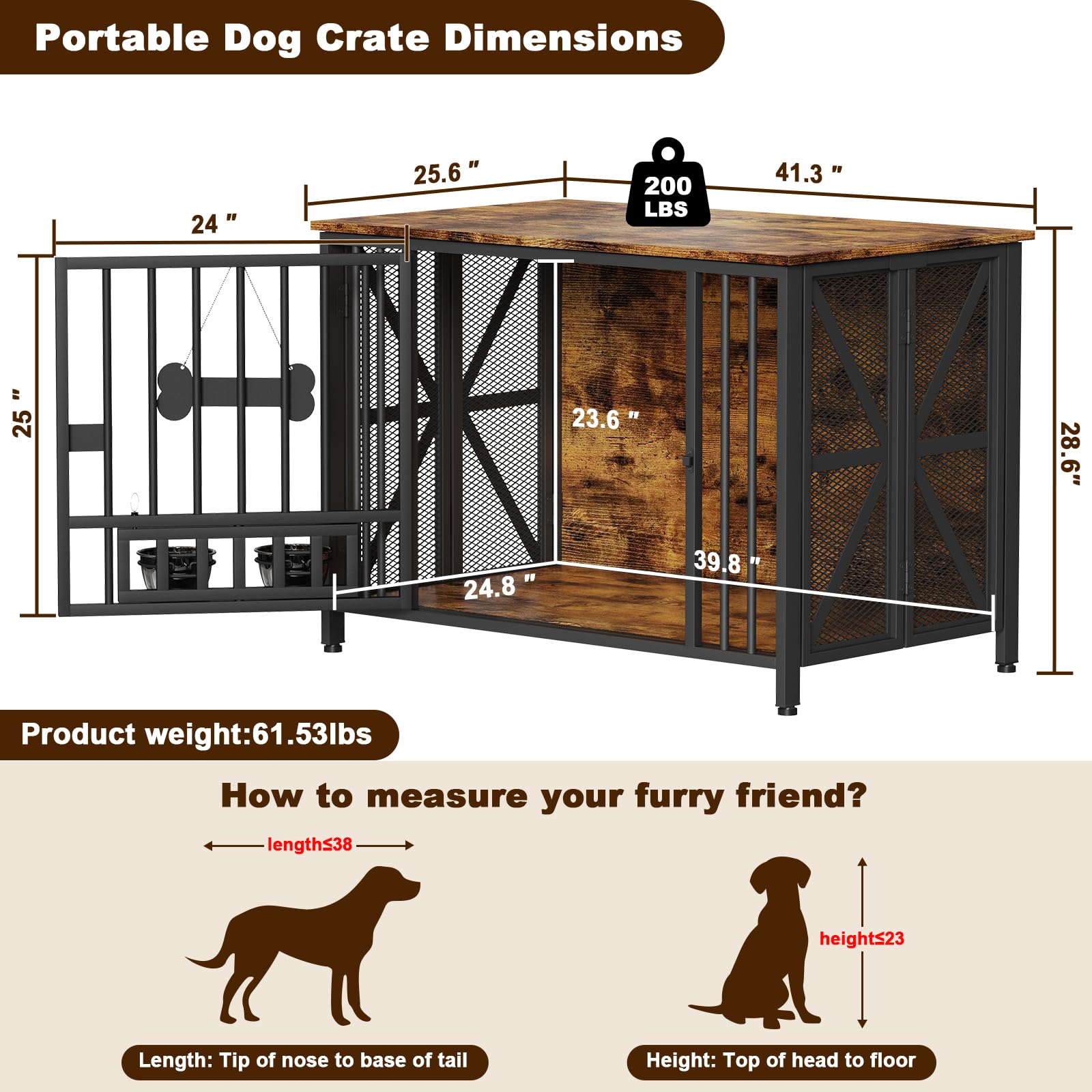Faltbarer Großer Hundekäfig Möbel für M/L/XL Hunde, 105cm Montagefreie Holz Indoor Hundebox für Zuhause, mit Hundenäpfen & Namensschild, als Beistelltisch & TV-Ständer, 105x65x72cm, Braun