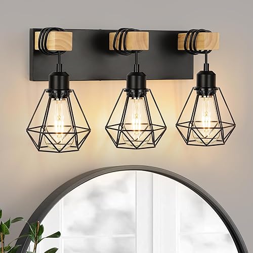 Miniatura 1 de Lámpara de tocador de granja de 3 luces, lámparas de baño industriales de madera sobre el espejo, pantalla de metal para baño, pasillo, sala de estar